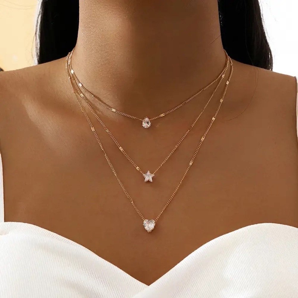 Crystal Zircon Heart Star Charm Layered Pendant Necklace Set